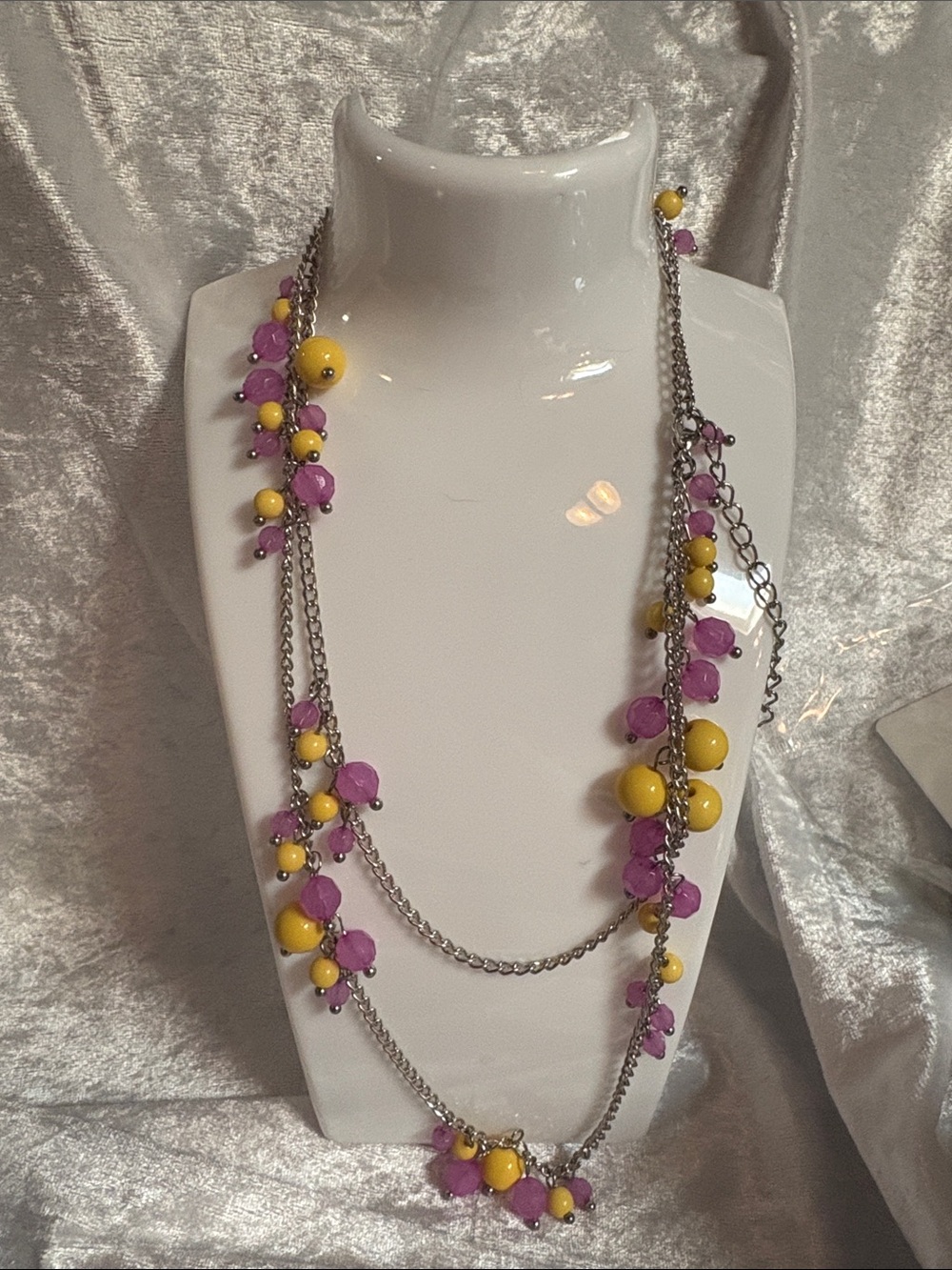 Pink and Yellow Bead Necklace on Silver Chains